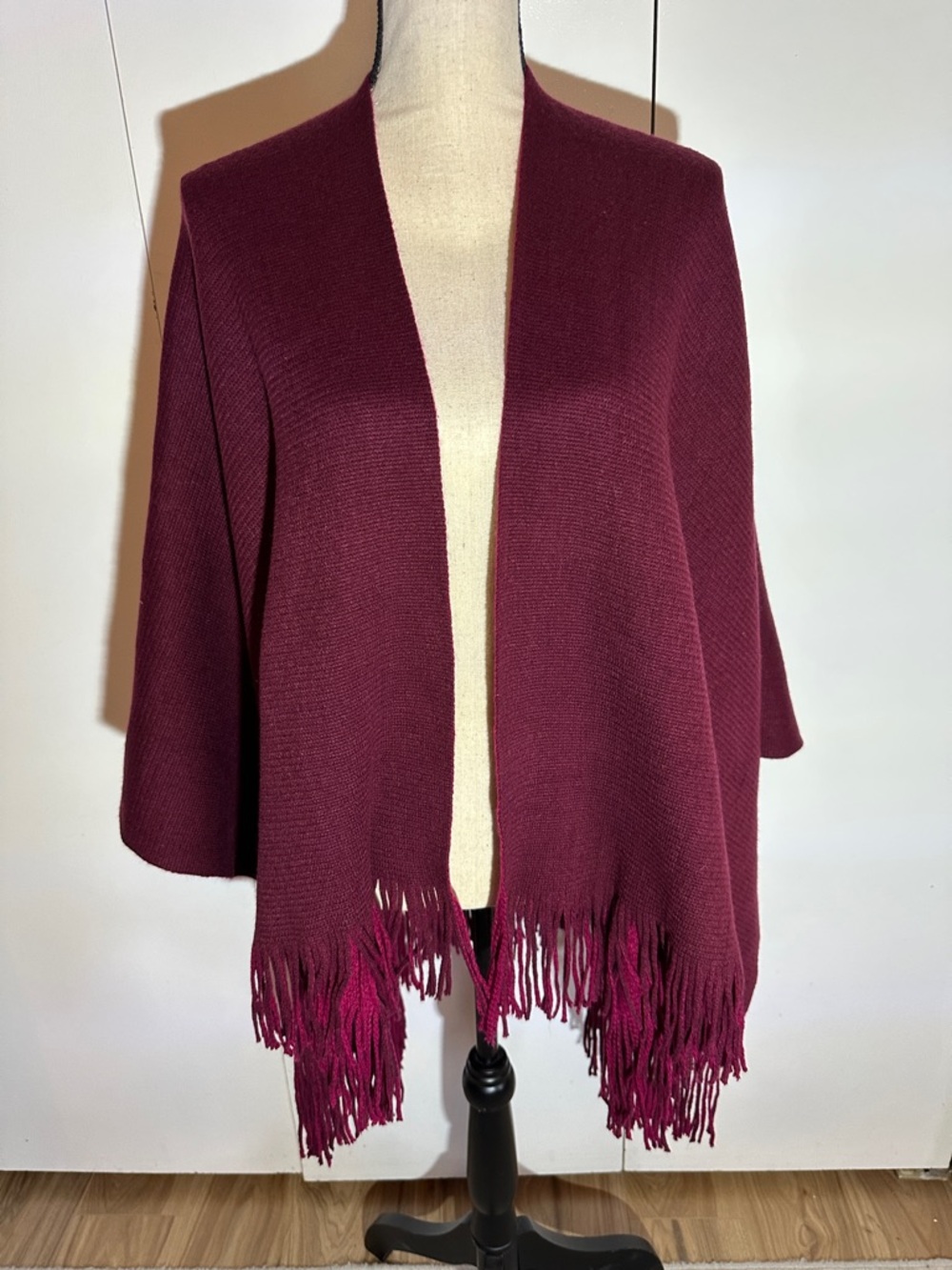 Open-Front Fringe Hem Sweater Cape - Burgundy